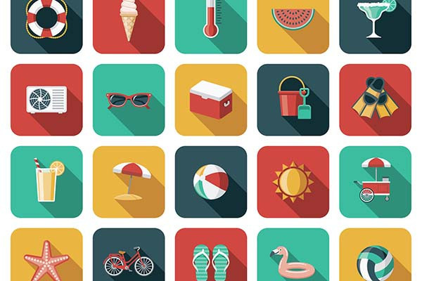 illustration of a set of rounded-corner app-style icons on the theme of summer, showing ice cream, thermometer, sunglasses, beach ball, cold drink, flip-flops, starfish, and many others